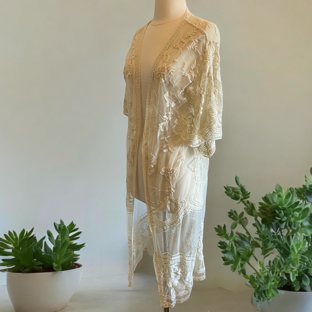 SOLD Boho Open Front Lace Kimono Semi Sheer - Picture 3 of 11